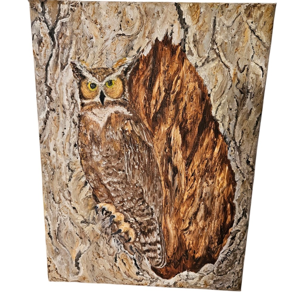 Original Owl Tree Bark Oil  Painting Unframed Signed 12" X 9" Texture Nature Art